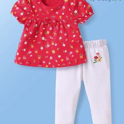 Babyoye Interlock Knit Half Sleeves Top & Legging Set With Floral Print & Bow Applique - Red & White-picture-1
