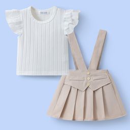 Mark & Mia Frill Sleeves Solid Top & Skirt Set - White & Khaki-image-79