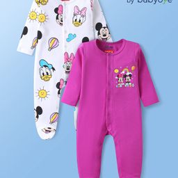 Babyhug Disney Interlock Knit Full Sleeves Footed Sleep Suits With Minnie & Friends Graphics Pack Of 2 - White & Purple-picture-47