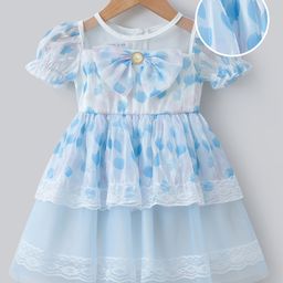 Mark & Mia Half Sleeves Dress with Floral Print Bow Applique & Lace Detailing - Light Blue-picture-21