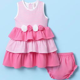 Babyhug Single Jersey Knit Sleeveless Layered Frock With Bloomer & Floral Applique - Pink-image-40