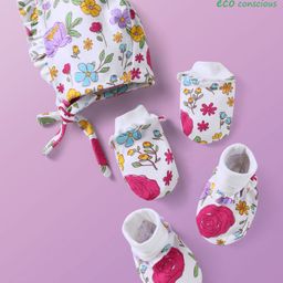 Babyoye Interlock Knit Cap Mittens & Booties Set With Floral Print White - Diameter 15 cm-image-68