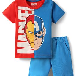 Babyhug Marvel Single Jersey Knit Half Sleeves T-Shirt & Shorts Set With Avengers Graphics - Red & Blue-picture-2