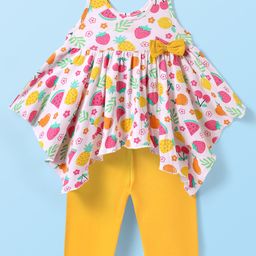 Babyhug Single Jersey Knit Sleeveless Fruits & Floral Printed Top & Leggings Set with Bow Applique - Yellow & White-image-83
