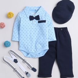 BUMZEE Cotton Knit Full Sleeves Abstract Printed Onesie With Solid Trouser Cap Bow & Suspender Set- Sky Blue & Navy-image-26