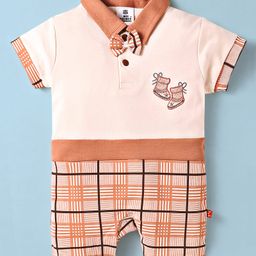 Mini Taurus Cotton Knit Half Sleeves Checks Romper With Bow Applique & Embroidery - Rust Orange-image-72
