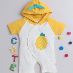 BUMZEE Interlock Knit Half Raglan Sleeves Pineapple Printed Hooded Romper - White & Yellow-image-20