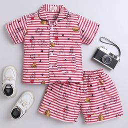 The Magic Wand Cotton Woven Half Sleeves Striped & Hearts Printed Coordinating Night Suit Set - Red-image-97