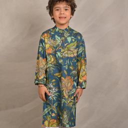 Anthrilo Pure Cotton Full Sleeves Floral Printed Kurta - Blue-image-70