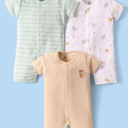 I Bears Interlock Knit Half Sleeves Interlock Rompers with Stripes & Animal Print Pack Of 3 - Light Green-picture-3
