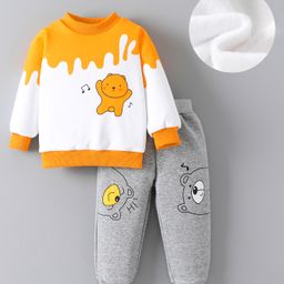 Mark & Mia Full Sleeves Winter Wear Suit with Bear Print - Yellow White & Grey-image-79