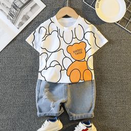 Googo Gaaga Cotton Half Sleeves Teddy Bears Printed Tee & Distressed Shorts Set - White-image-102