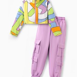 OLLINGTON ST. Cotton Knit Full Sleeves Printed Top & Joggers Set - Multicolor & Lavender-image-55