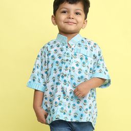 Kinder Kids Cotton Woven Floral Motifs Printed Shirt - Blue-image-43