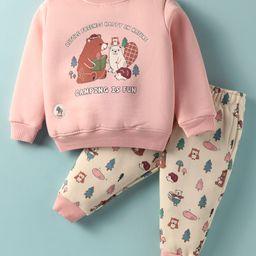 CUCUMBER Fleece Knit Full Length Winter Wear Night Suit With Animal Print - Pink-image-45