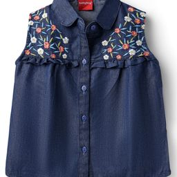 Babyhug Woven Sleeveless Floral Embroidered Denim Top - Navy Blue-image-10