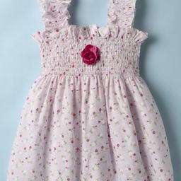 Dew Drops Cotton Woven Sleeveless Smock with Frill Detailing & Floral Print - White & Pink-image-69