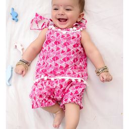 BownBee Pure Cotton Woven Sleeveless Geometric Printed & Pom Pom Lace Embellished Jhabla & Shorts Set - Pink-image-90