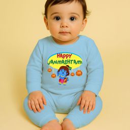 The Peppy Tend 100% Cotton Knit Janmashtami Theme Half Sleeves Happy Janmashtami Text Printed Romper - Blue-image-88