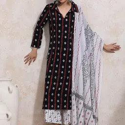 Moara Geometric Printed Shirt Collar Pure Cotton Straight Kurta With Palazzos & Dupatta-picture-10