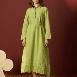 DRESOUL Green Pure Cotton Schiffly Embroidered Dress For Women-image-61