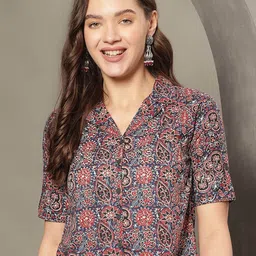 HERE&NOW Floral Printed Roll-Up Sleeves Cotton Shirt Style Crop Top-picture-48