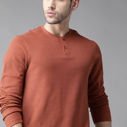Roadster Men Rust Orange Self Design Henley Neck T-shirt-image-67