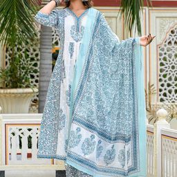 KALINI Women Floral Printed Pleated Pure Cotton Kurta with Trousers & With Dupatta-picture-39