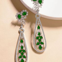 KARATCART Silver-Plated American Diamond Studded Contemporary Drop Earrings-5