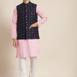 SOJANYA Men Pink Ethnic Motifs Chikankari Pure Cotton Kurta with Churidar & Nehru Jacket-image-17