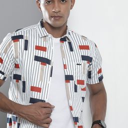 The Indian Garage Co Men White Regular Fit Geometric Opaque Printed Casual Shirt-image-82