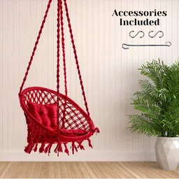 Swingzy Red Textured Round Hammock Swing With Cushion image 5