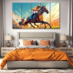 The Castle Decor Brown & Blue 5 Pieces Horse Riding Wooden Wall Arts-image-3