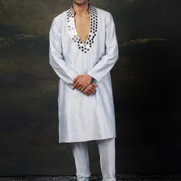 THETAA Yoke Design V-Neck Mirror Work Pure Silk Straight Kurta With Pyjamas-picture-38