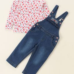 Babyhug Denim Floral Embroidery Dungaree with Cotton Full Sleeves Floral Print Top --image-1