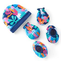 Babyhug 100% Cotton Knit Cap Mittens & Booties Set Leaf Print - Blue-image-83