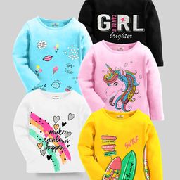 KUCHIPOO Pack Of 5 Full Sleeves Unicorn & Surf Boards With Heart Printed Tees - Yellow Pink & Sky Blue-image-73