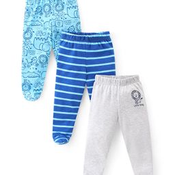 Babyhug Interlock  Cotton Knit Footed Bootie Leggings Striped & Animal Print Pack of 3 - Blue  & Grey-image-99