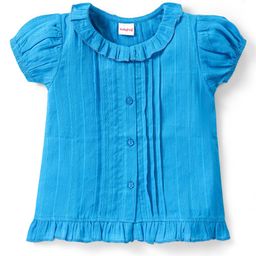 Babyhug Cotton Woven Half Sleeves Pleated Top with Frills Detailing - Blue-image-5