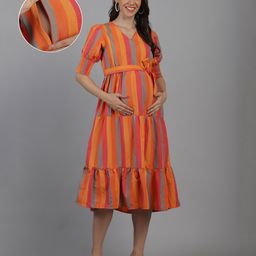 Moms Maternity Organic Khadi Cotton Half Sleeves Striped Maternity Midi Dress With Concealed Zipper Nursing Access - Orange-picture-18