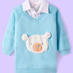 Babyhug Knit Full Raglan Sleeves Overlapped Polo Sweatshirt with Bear Patch Detailing - Light Blue-image-4