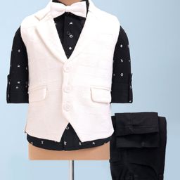 Robo Fry Knit Full Sleeves Printed 3 Piece Party Suit With Bow - Cream-image-86