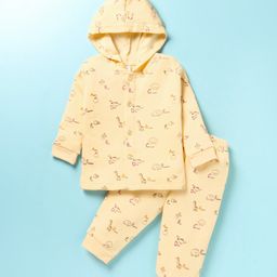 Tango Fleece Knit Full Sleeves Hooded Animals Printed Winter Wear Night Suit - Mustard-image-74