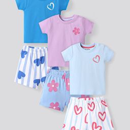 Bonfino 100% Cotton Knit Half Sleeves Shorts Night Suits with Hearts & Floral Print Pack of 3 - Blue & Lavender-image-51