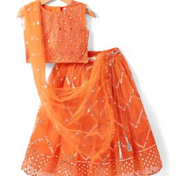 Babyhug Sleeveless Sequenced Embroidered Choli Lehenga & Dupatta Set - Orange-image-50