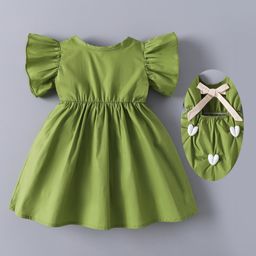 Mark & Mia Half Flutter Sleeves Solid Cotton Dress With Bow Applique - Green-image-24