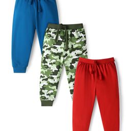Babyhug Single Jersey Knit Full Length Solid Track Pants with Camouflage Print Pack of 3 - Blue Red & Green-image-94