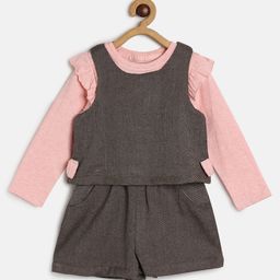 MINI KLUB Cotton Solid Dungaree With Full Sleeves Frill Detailed Top - Pink-image-56