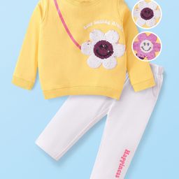 Babyhug Single Jersey Knit Full Sleeves T-Shirt & Pant Set with Reversible Sequin Derailing - Yellow & White-image-26