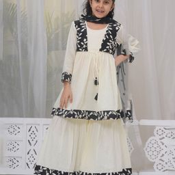 Little Bansi Cotton Three Fourth Sleeves Floral Embroidered Striped & Sequins Embellished Kurta Sharara With Dupatta Set - Cream-image-41